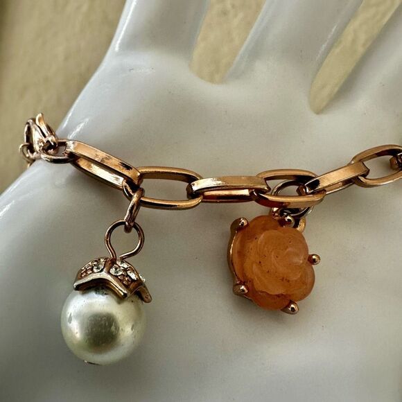 Rose Gold-Tone Charm Bracelet with Hearts,  faux Pearl & Carved Rose - Picture 2 of 8